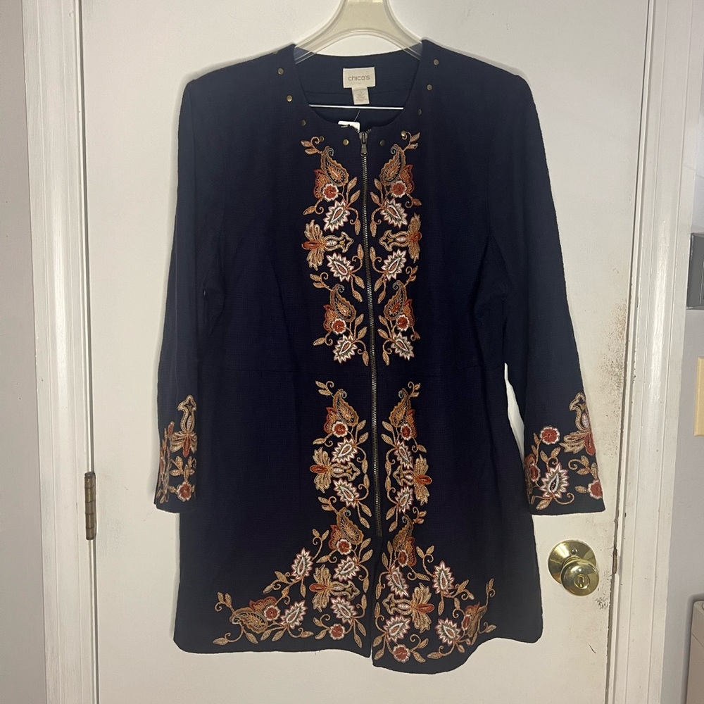Chicos 3 (XL) Floral Embroidered Topper LS Zip Long-line Jacket Blazer Blue NWT